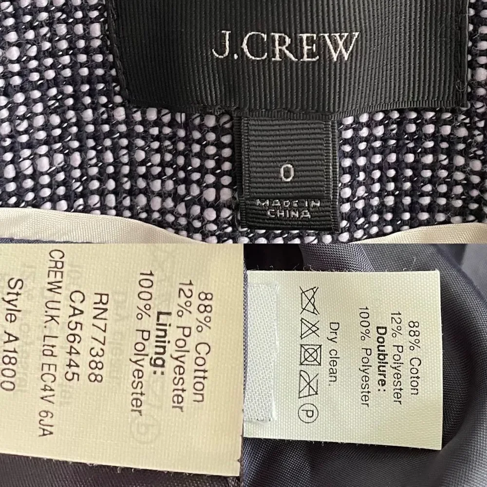 J. CREW Navy Blue Tweed Cropped Collarless Zip Front Blazer Jacket 0
